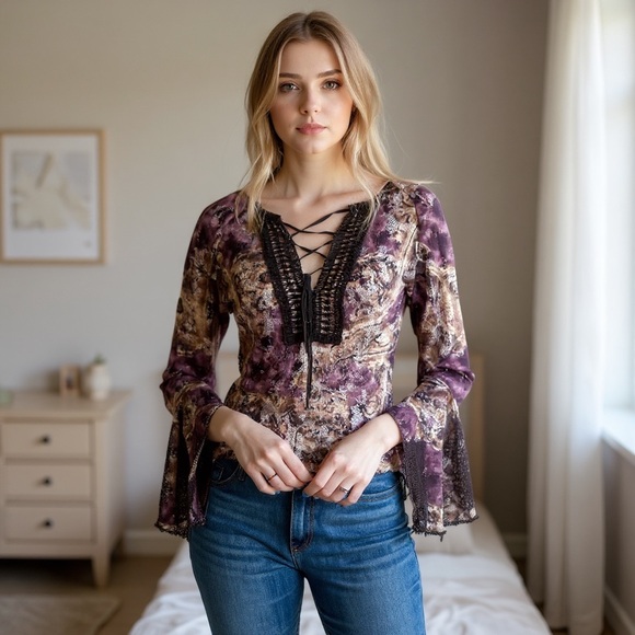 Sharagano Tops - Sharagano Made In France Purple Lace-Up Blouse